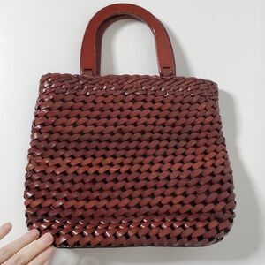 FOSSIL Vintage Woven Basket Weave Satchel Handbag Brown Leather Bucket Bag Purse